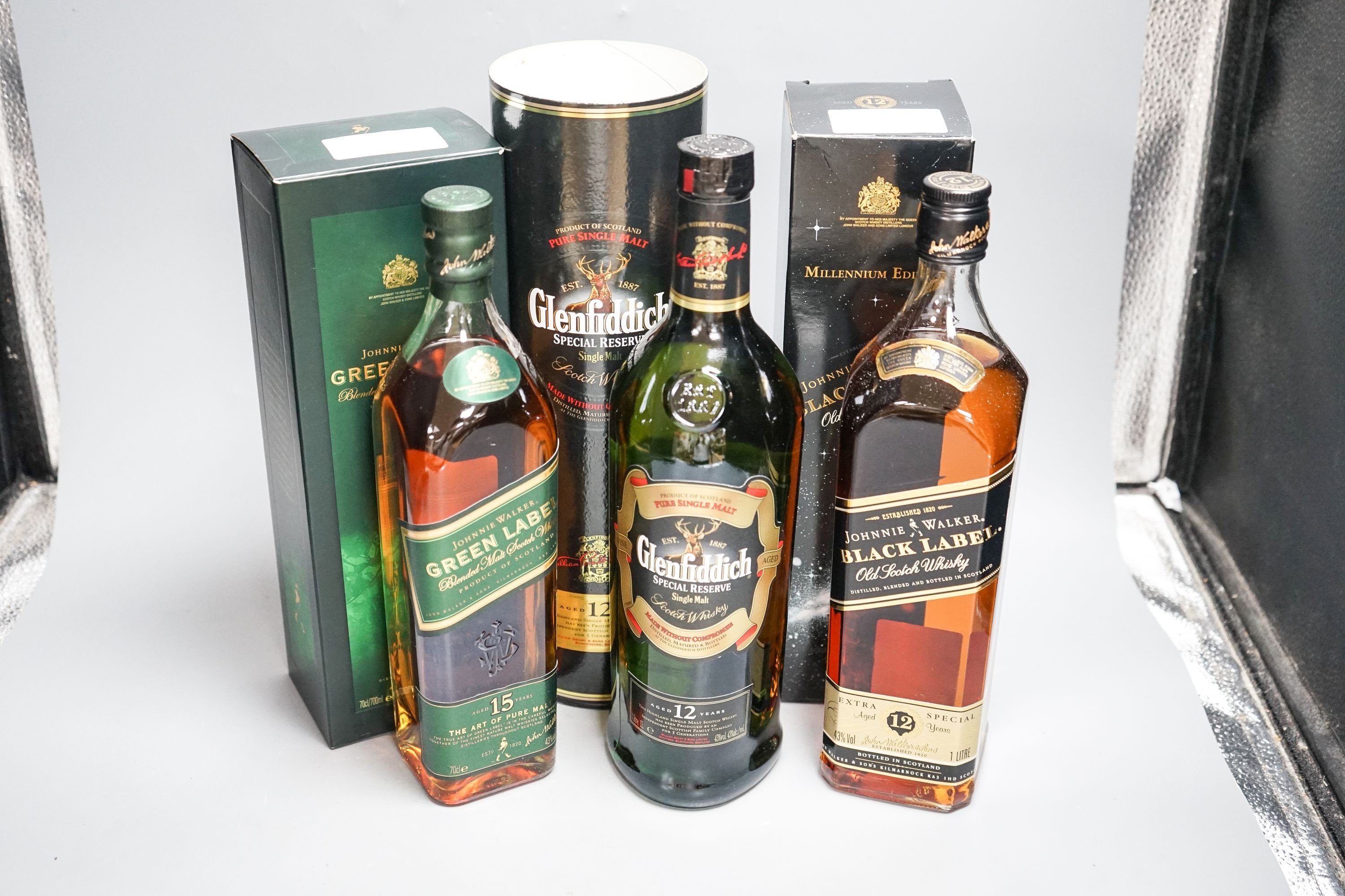 One Millenium Edition Johnnie Walker Black Label Old Scotch Label, 1 x Johnnie Walker Green label 15 year old malt whisky and one Glenfiddich Special Reserve aged 12 years